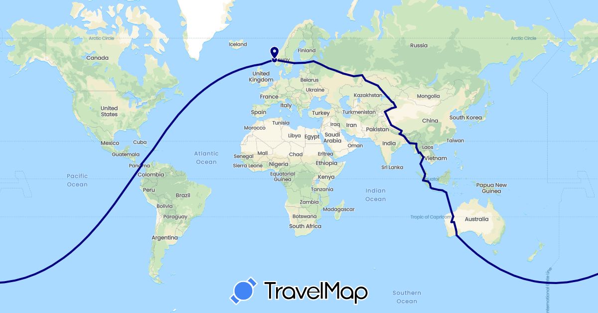 TravelMap itinerary: driving in Australia, Bangladesh, China, Estonia, United Kingdom, Haiti, Indonesia, Kazakhstan, Myanmar (Burma), Malaysia, Norway, Nepal, Panama, Russia, Sweden, Thailand (Asia, Europe, North America, Oceania)