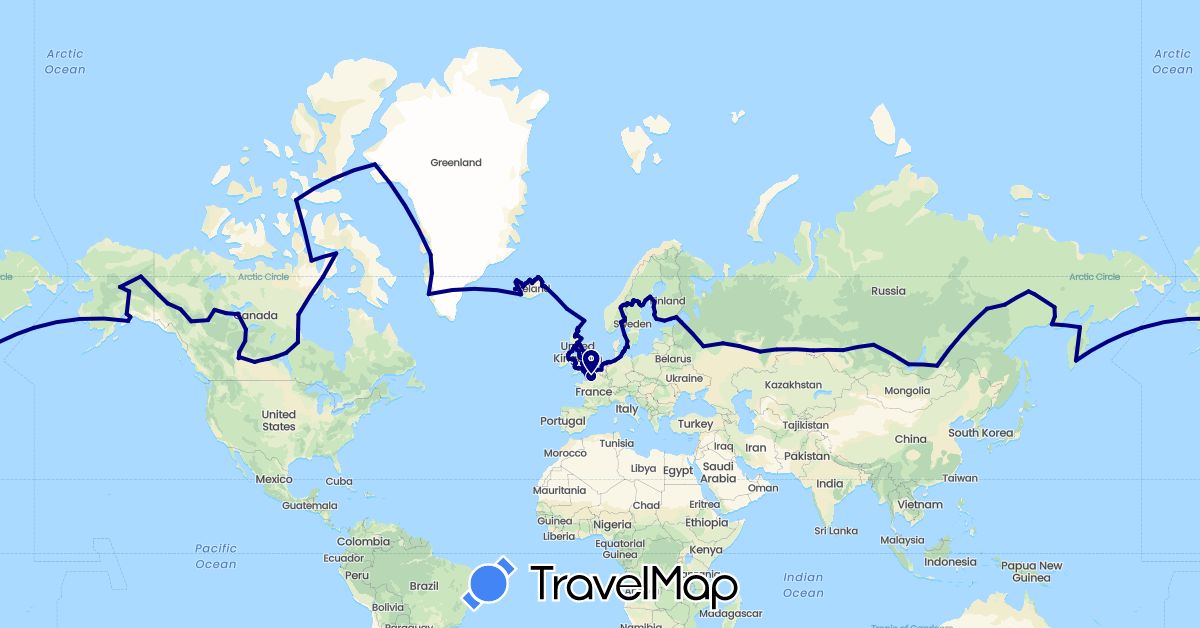 TravelMap itinerary: driving in Belgium, Canada, Germany, Denmark, Finland, Faroe Islands, France, United Kingdom, Greenland, Ireland, Iceland, Netherlands, Norway, Russia, Sweden, United States (Europe, North America)